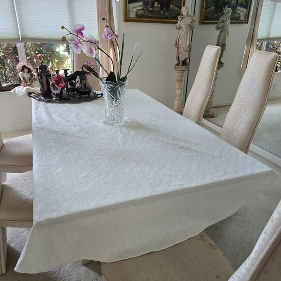 Vintage Handmade Tablecloth Textured Fabric Beige Rounded Oblong 89” x 68” - Picture 3 of 6